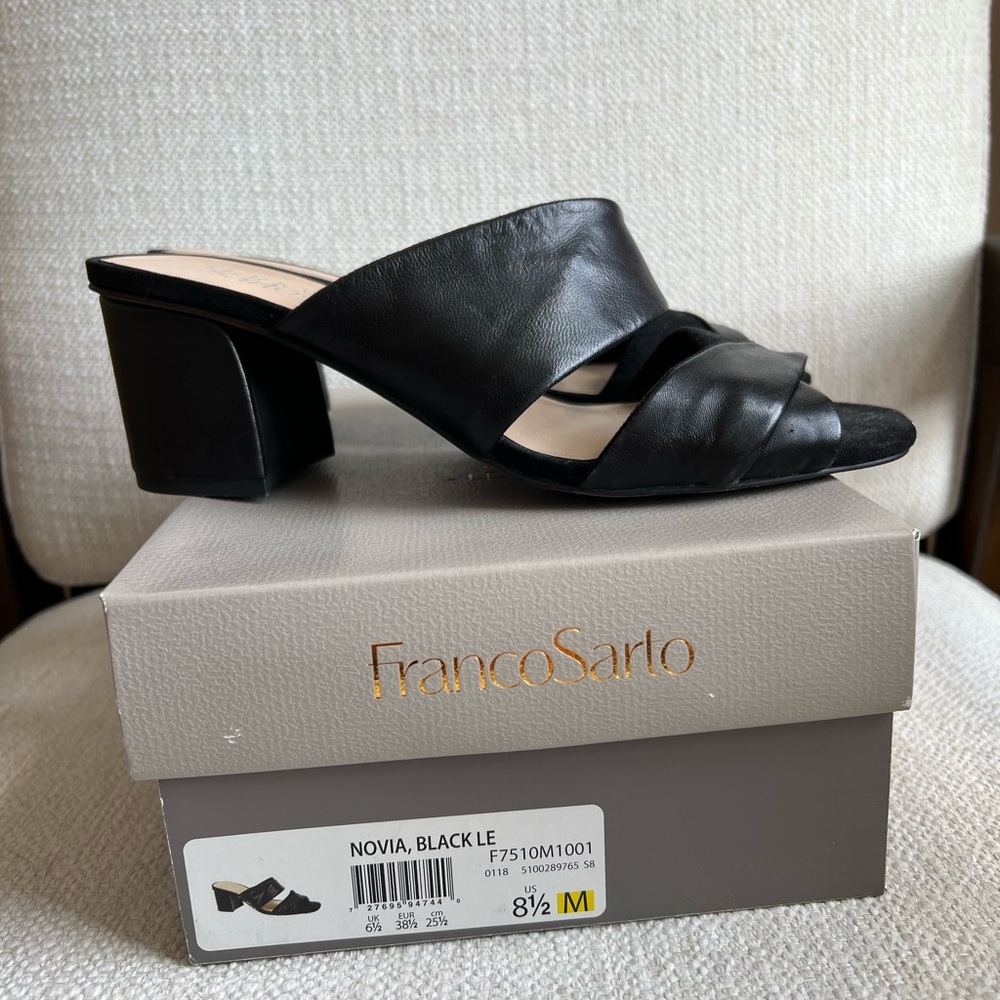Franco Sarto Black Leather Sandals Mules with Block Heel Size 8.5